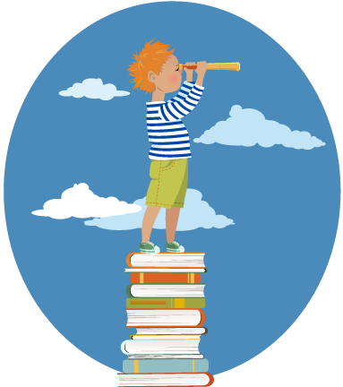 Error page picture of boy looking through a telescope standing on a pile of books.